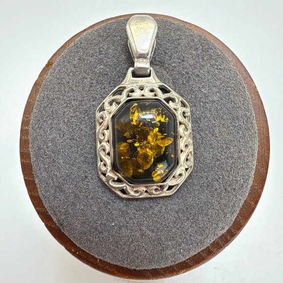 VTG Sterling Silver 925 Amber Bezel Set Scroll Border Statement Pendant 1.5" - Picture 1 of 12